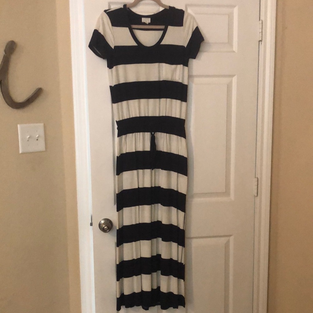 Navy and white striped maxi dress